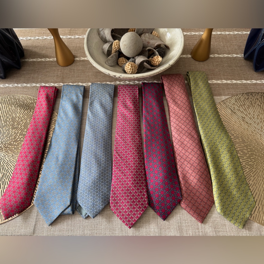 Vintage (6) Hermes Men's Silk Ties in Pink/Blue (1) Salvatore Ferragamo (green)